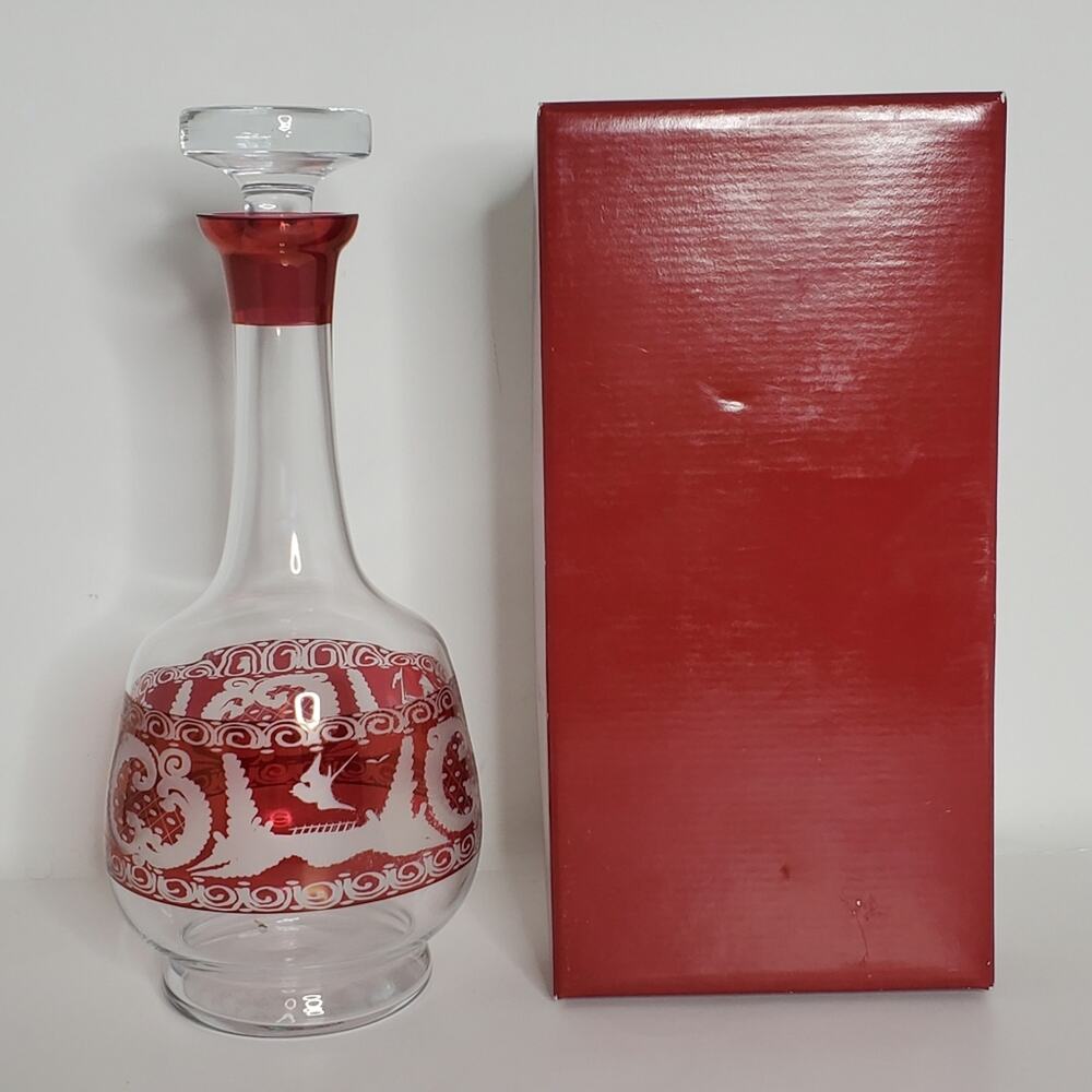 Vintage Cut glass Cranberry tall thin neck bottle decanter in the original box